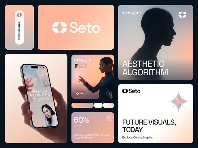A brand identity board for Seto, laid out as tiles of peach and near-black panels mixing the wordmark, interface screens and photography.