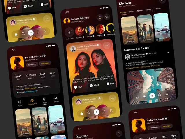 Several phone screens on a dark field showing a social feed of stories, profile rows and warm-toned photography.