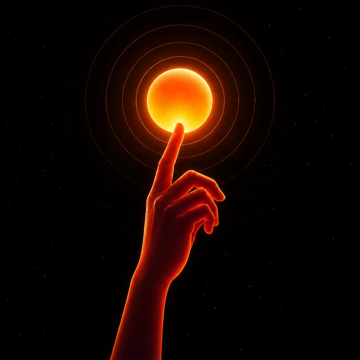 A hand reaching up to touch a glowing sphere, with concentric rings radiating outward across a dark field.