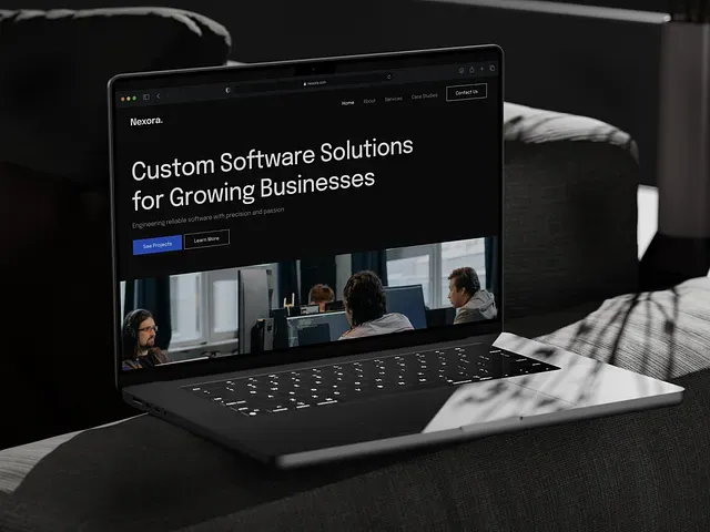 A laptop in a darkened room showing a landing page headlined Custom Software Solutions for Growing Businesses.