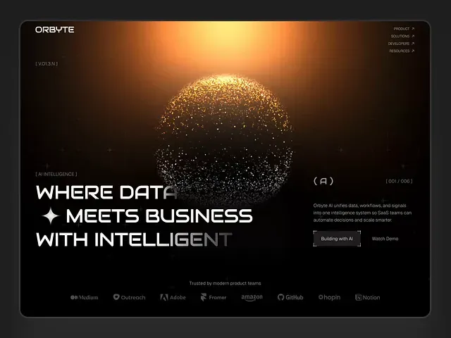 A sphere of gold particles suspended on a near-black field, beside the words pure data meets business intelligence.